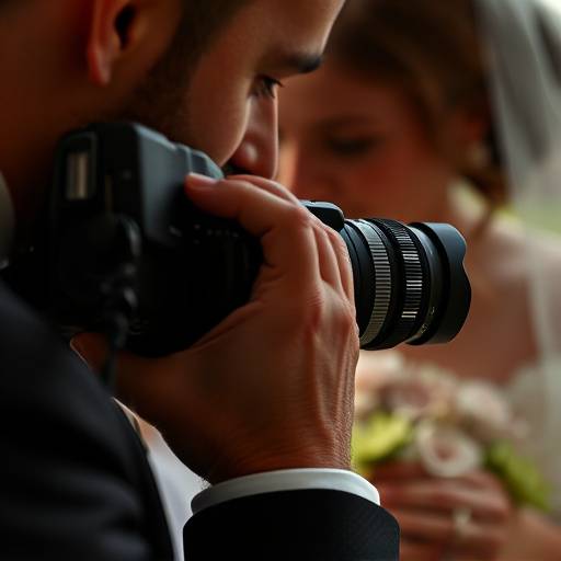 Close-up foto van een fotograaf die werkt met een camera tijdens een bruiloft