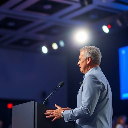 Dynamische foto van een spreker tijdens een conferentie