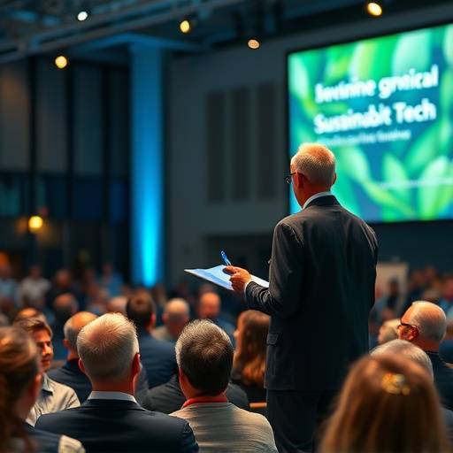 Levendige foto van een spreker die een presentatie geeft tijdens een internationale conferentie over duurzame technologie in de RAI Amsterdam