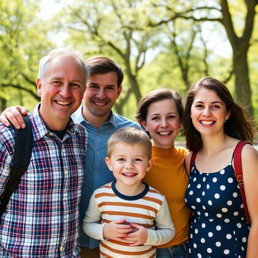 Ontspannen familiefoto van een gezin met twee kinderen die samen lachen in het Vondelpark tijdens een zonnige middag