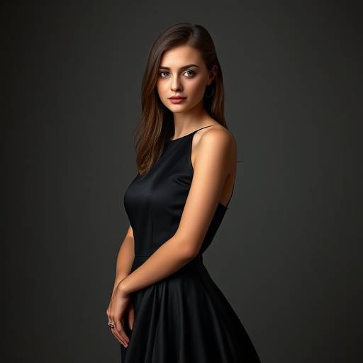 Portret van een jonge actrice, gekleed in een elegante zwarte jurk, gefotografeerd in een zachte, diffuse belichting