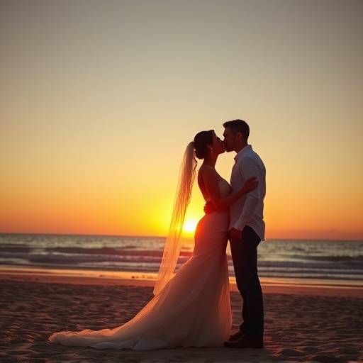 Romantische bruidsfoto van een bruidspaar dat elkaar kust tijdens een zonsondergang aan het strand van Zandvoort